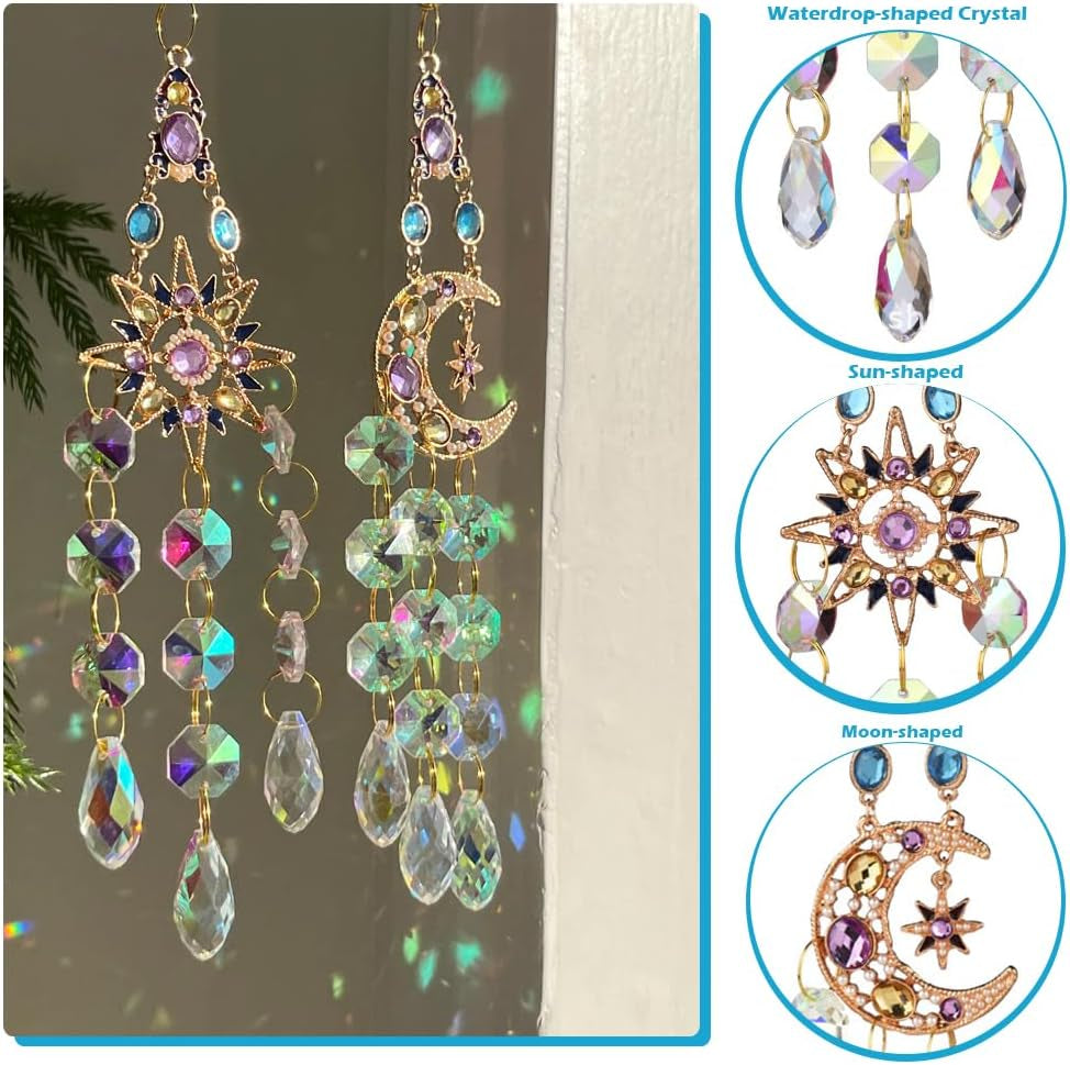 Crystal Suncatcher, Sun Catcher Crystals for Window Hanging, Crystal Wind Chimes Outdoor Indoor Decoration, Hanging Crystals Prism Suncatcher for Garden Decor Wedding Party (Sun)