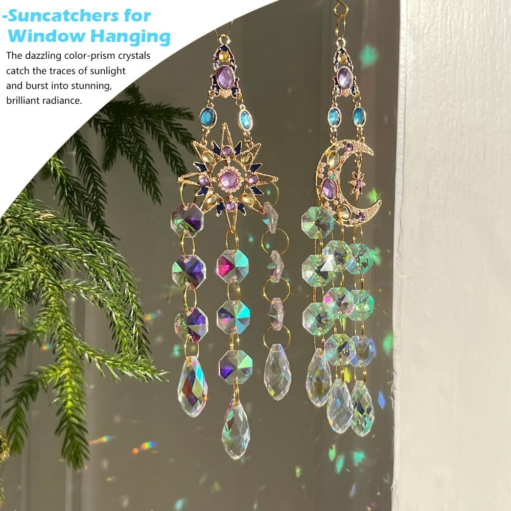 Crystal Suncatcher, Sun Catcher Crystals for Window Hanging, Crystal Wind Chimes Outdoor Indoor Decoration, Hanging Crystals Prism Suncatcher for Garden Decor Wedding Party (Sun)