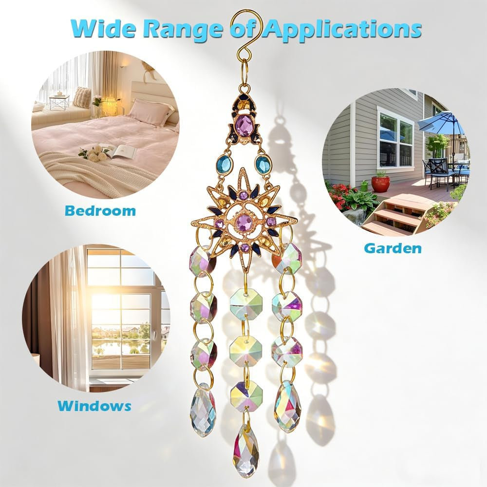 Crystal Suncatcher, Sun Catcher Crystals for Window Hanging, Crystal Wind Chimes Outdoor Indoor Decoration, Hanging Crystals Prism Suncatcher for Garden Decor Wedding Party (Sun)