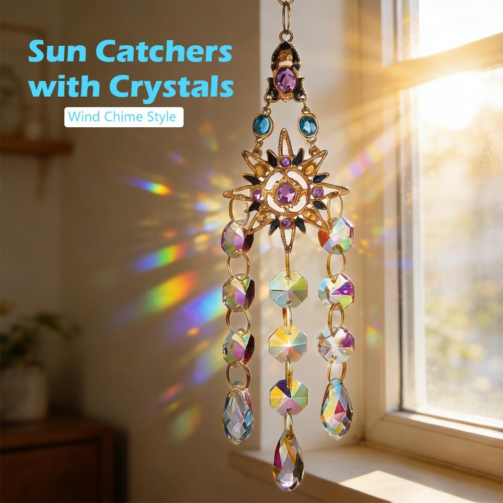Crystal Suncatcher, Sun Catcher Crystals for Window Hanging, Crystal Wind Chimes Outdoor Indoor Decoration, Hanging Crystals Prism Suncatcher for Garden Decor Wedding Party (Sun)