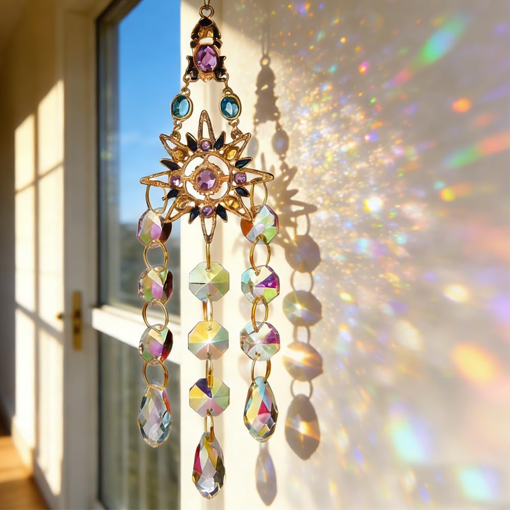 Crystal Suncatcher, Sun Catcher Crystals for Window Hanging, Crystal Wind Chimes Outdoor Indoor Decoration, Hanging Crystals Prism Suncatcher for Garden Decor Wedding Party (Sun)