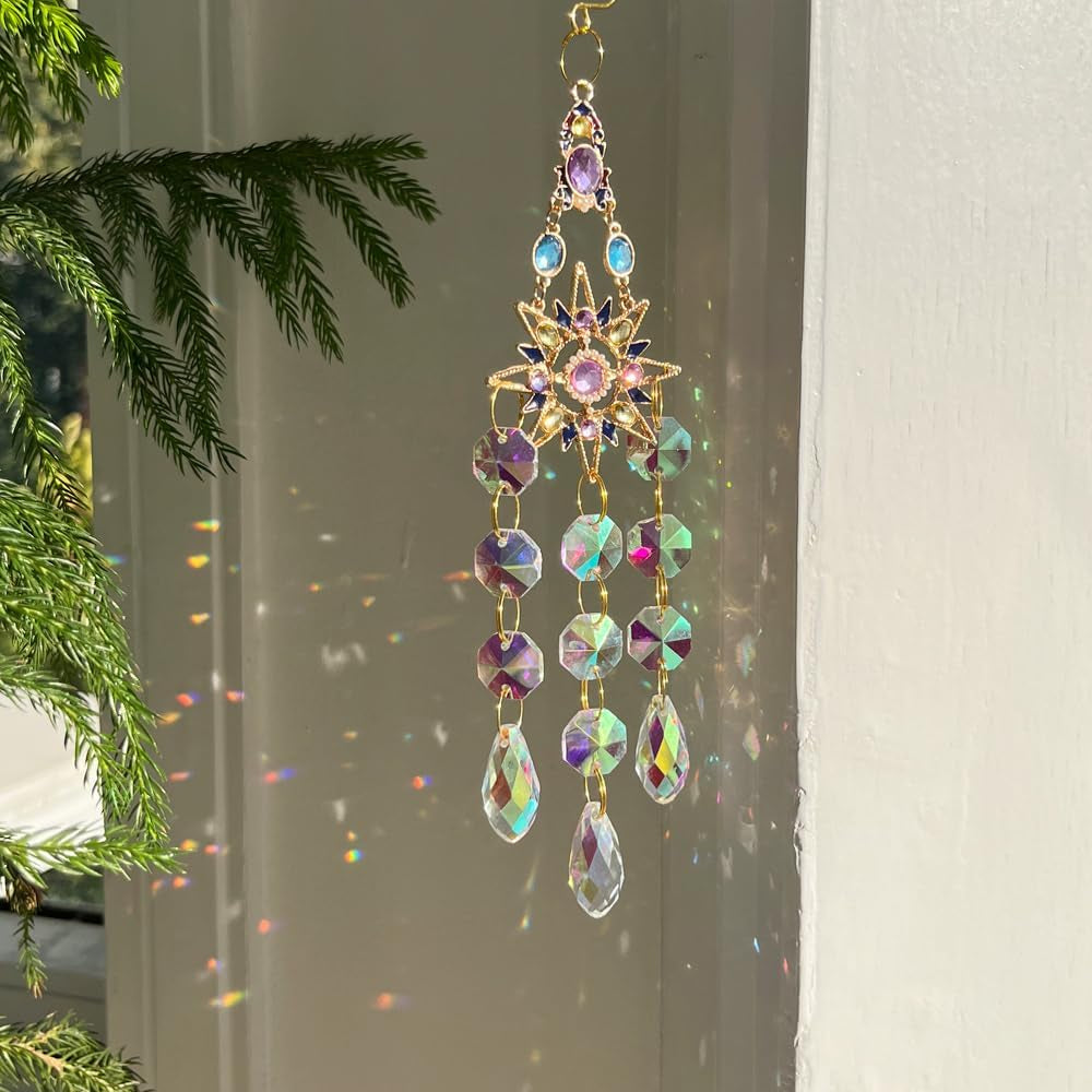 Crystal Suncatcher, Sun Catcher Crystals for Window Hanging, Crystal Wind Chimes Outdoor Indoor Decoration, Hanging Crystals Prism Suncatcher for Garden Decor Wedding Party (Sun)